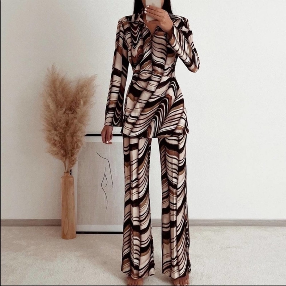 Zara black brown cream printed flared trouser pants Sz XS NWT - Picture 4 of 17